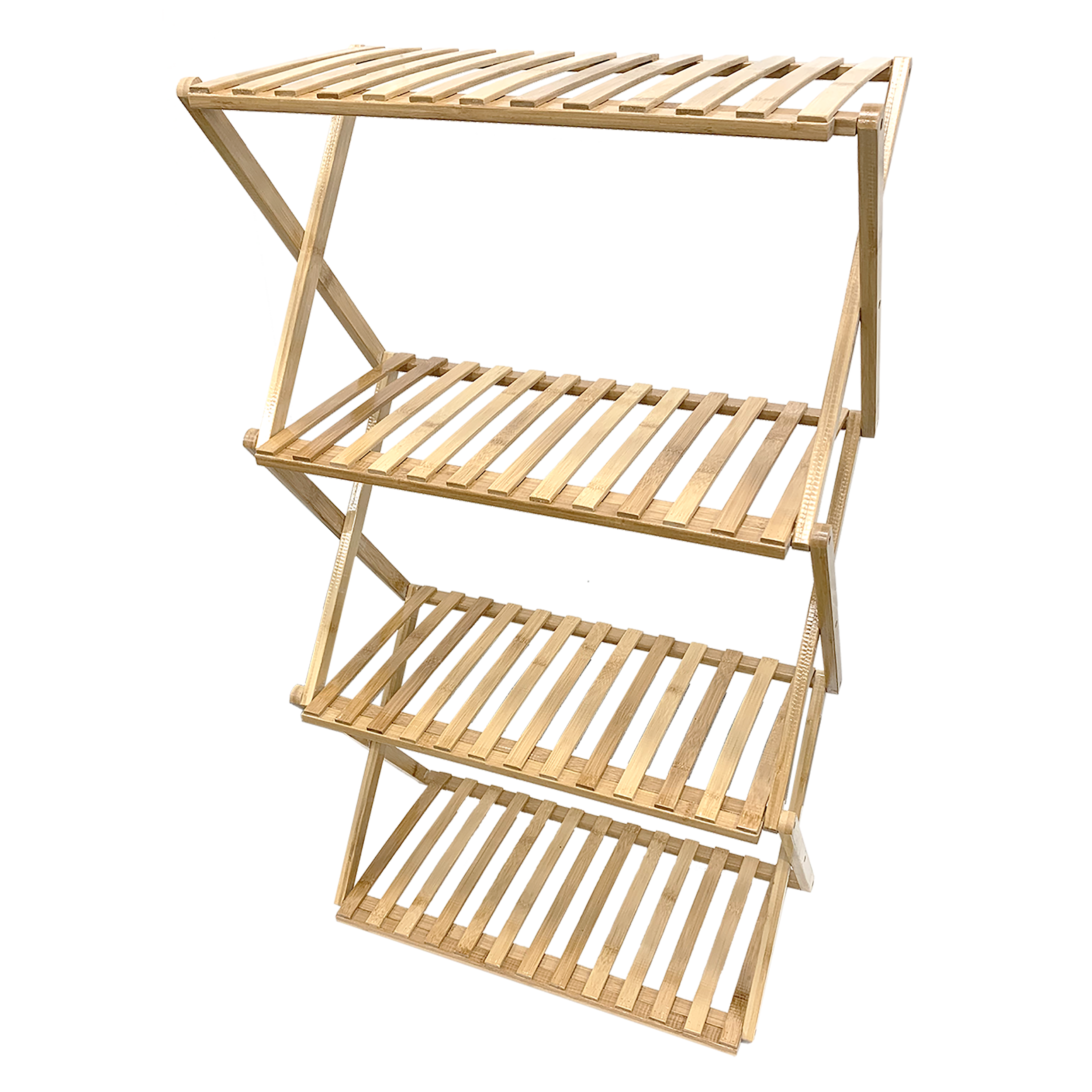 A multi-tiered indoor plant stand made of bamboo